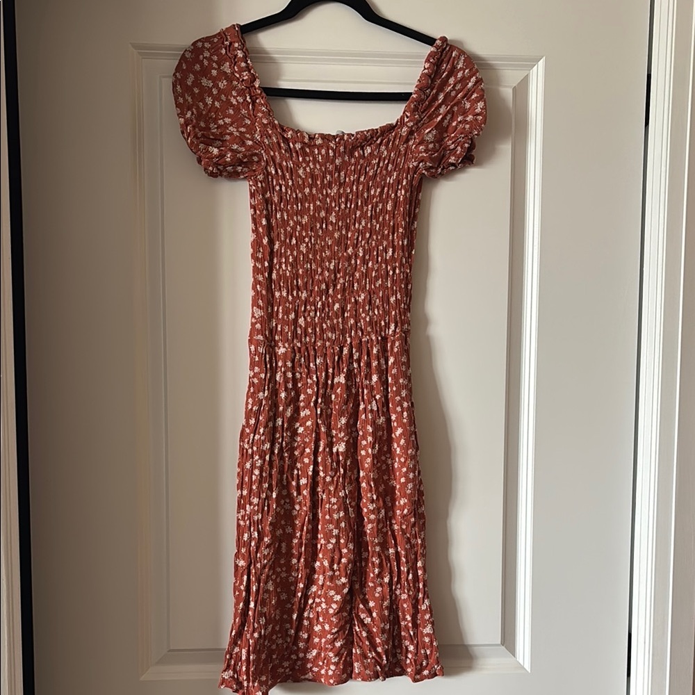 Orange Floral Midi Dress with Puff Sleeves and Scoop Neck